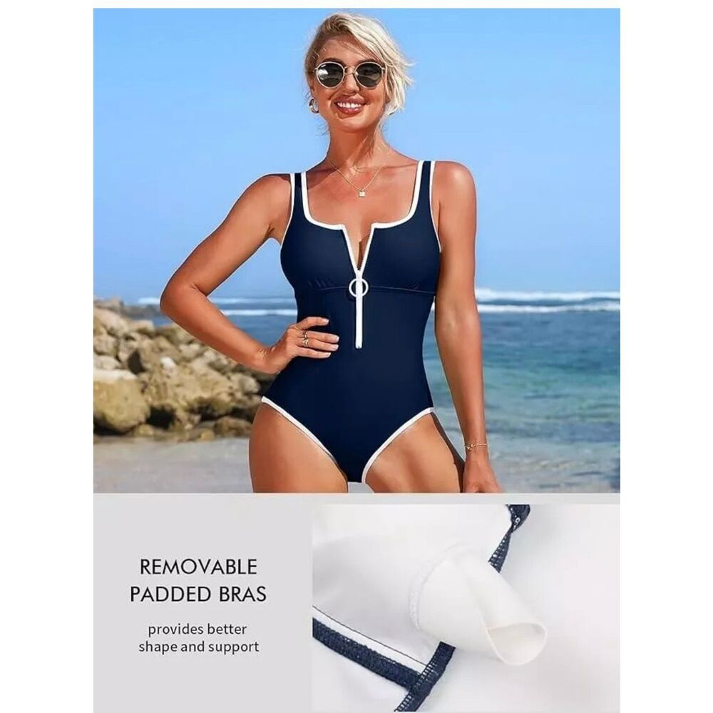 CHARMO Swimsuit Women’s Size Small Navy White One Piece/ Zipper Front